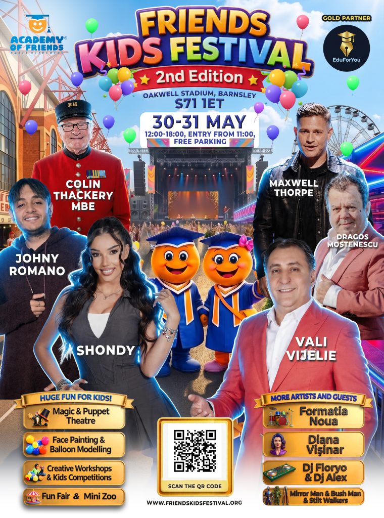 Bright poster for Friends Kids Festival 2nd Edition with balloons, a large stage, and smiling performers; festival details: Oakwell Stadium, Barnsley, May 30–31, 12:00–18:00 (entry from 11:00), free parking, www.friendskidsfestival.org.