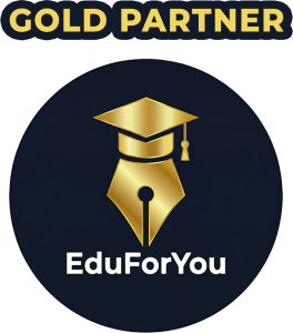 Gold Partner badge for EduForYou: circular dark badge with a gold graduation cap and nib logo and 'EduForYou' text.