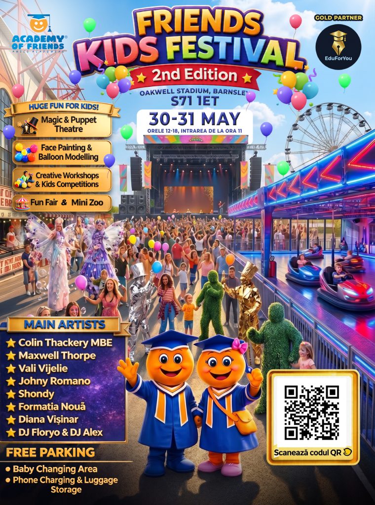 Poster for 'Friends Kids Festival' 2nd Edition with colorful balloons and stage show, crowds in front of a concert arena.
