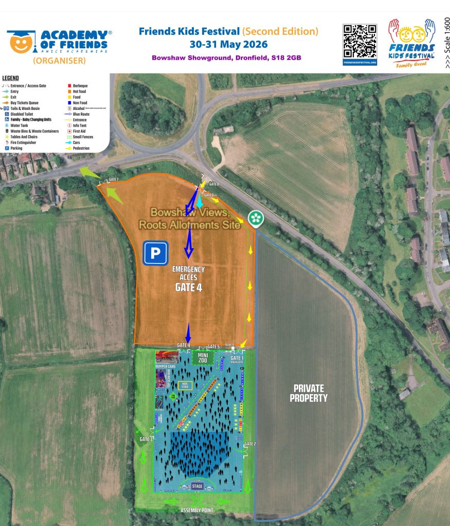 Aerial festival map showing Fox Kids Festival layout with gates 2–7, parking, stages, and an assembly point across fields and roads.