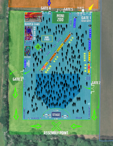 Aerial map of a festival showing gates 2–5, stages, attractions, and the assembly point at the bottom center.