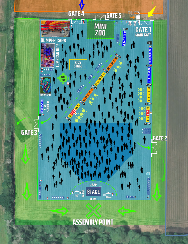 Aerial map of a festival showing gates 2–5, stages, attractions, and the assembly point at the bottom center.
